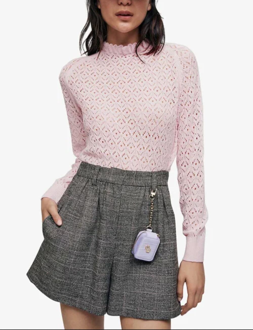 Maje Pointelle Wool Blend High Neck Ruffle Knit Sweater Pink Size 1